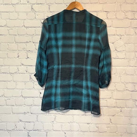 Burberry Brit Petrol Blue Checkered Sheer Silk Blouse Size XS - Picture 8 of 9